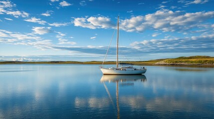 Sailboat anchored in a quiet bay, with the sky and water offering ample room for copy.