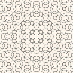 Simple vector geometric seamless pattern in oriental style. Subtle black and white geometrical ornament. Abstract outline background with floral shapes, leaves, squares. Repeated monochrome design