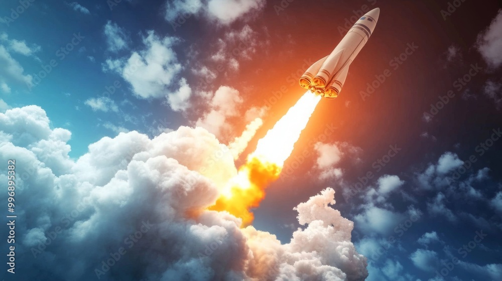 Aufkleber a rocket ascends powerfully into the sky, leaving a trail of flames and smoke. the backdrop of fluff