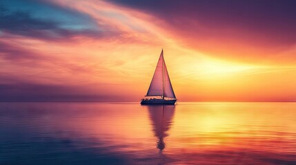 Sailboat at dusk, with warm colors in the sky providing ample copy space.