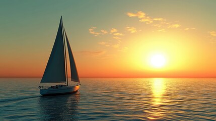 Sailboat cruising along a coastline at sunrise, with the horizon offering ample space for text.