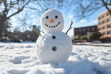 A Snowman with a Stick Arm in a Snowy Landscape