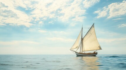 Fototapeta premium Sailboat with billowing sails on a sunny day, leaving a clear horizon for copy space.