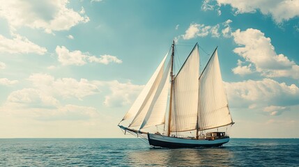 Fototapeta premium Sailboat with billowing sails on a sunny day, leaving a clear horizon for copy space.