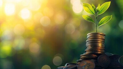Stacked coins with a green plant sprouting on top, symbolizing growth, with copy space.