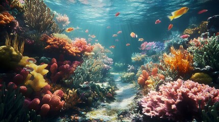 Stunning underwater scene showcasing a vibrant and diverse coral garden thriving in the captivating ocean seascape  Teeming with marine life and natural beauty