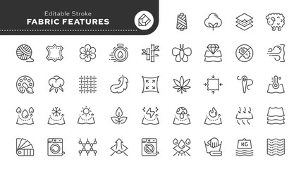 Fabric features line icon set. Fabric, textile material, cotton, leather, silk, synthetics, wool, bamboo, waterproof, windproof and others. Outline vector icon in linear style.
