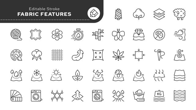 Fabric features line icon set. Fabric, textile material, cotton, leather, silk, synthetics, wool, bamboo, waterproof, windproof and others. Outline vector icon in linear style.
