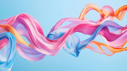 Fototapeta premium Swirling ribbons of pink, blue, and orange move gracefully on a light blue background, forming a fluid abstract pattern. No people.