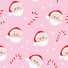 Seamless pattern with Cute Santa Claus faces and candy cane on pink background. Merry Christmas and happy new year. Design for print, wrapping paper, textile, fabric, wallpaper