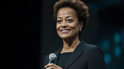 Smiling Female Speaker Presenting On Stage During Business Conference 
