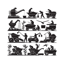 traditional agricultural harvesting silhouette illustrations