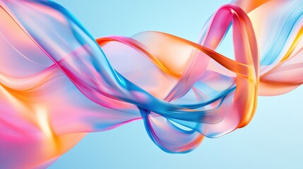 Swirling ribbons of pink, blue, and orange move gracefully on a light blue background, forming a fluid abstract pattern. No people.