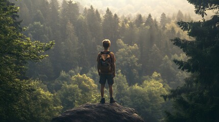 Boy standing on a rock looking out at the dense forest