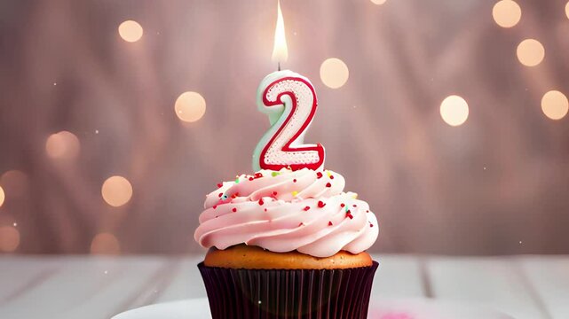 Birthday cupcake with lit birthday candle. Number two for two years or second anniversary.