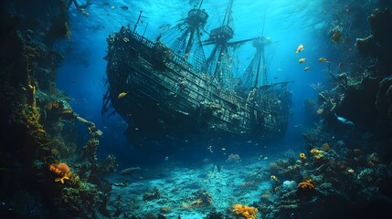 Sunken Pirate Ship Teeming with Vibrant Marine Life in the Underwater Ocean Landscape  Coral reefs and schools of tropical fish thriving amidst the historical wreckage