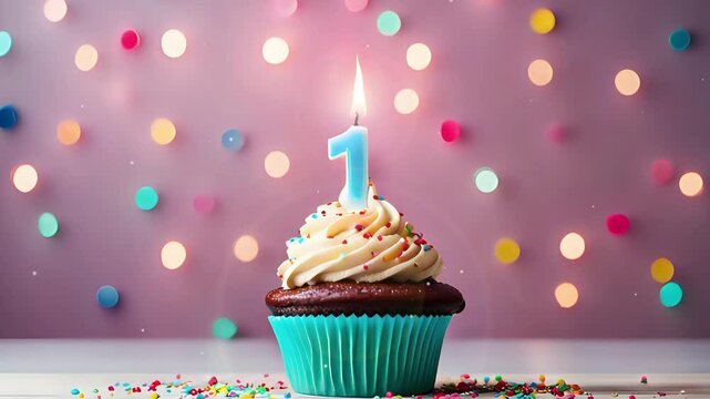 Birthday cupcake with lit birthday candle Number one for one year or first anniversary.