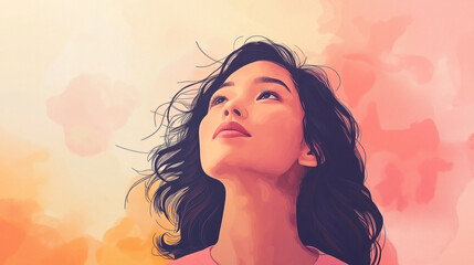 illustration of an Asian woman looking up with a hopeful and inspired expression 