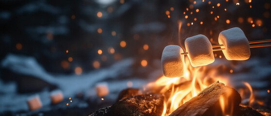 marshmallows being toasted on skewers over a campfire. The marshmallows are turning golden brown 