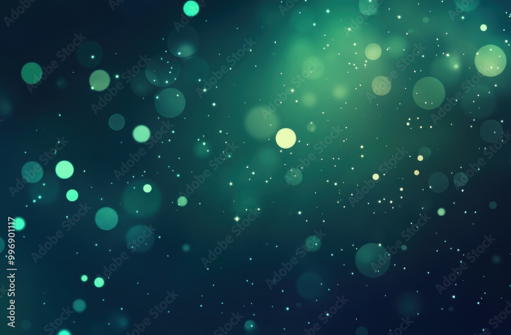 Poster Abstract glowing particle background with a bokeh effect, in a teal and green color theme.