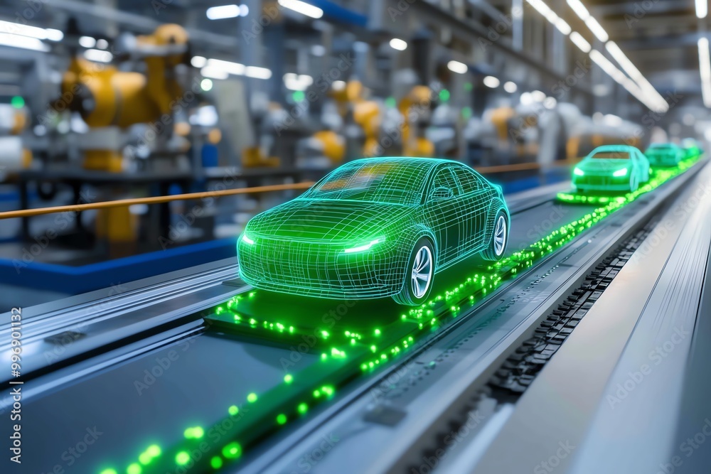Poster A futuristic factory using zero-carbon technology, with advanced AI systems optimizing energy use for decarbonization