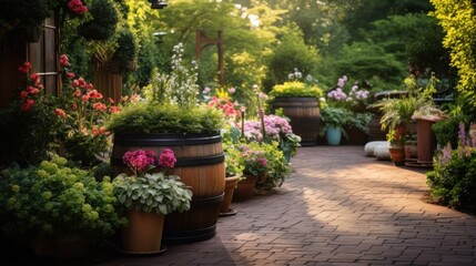 Fototapeta premium A lush garden path adorned with vibrant flowers and potted plants leads to a serene outdoor space, exuding tranquility and natural beauty.