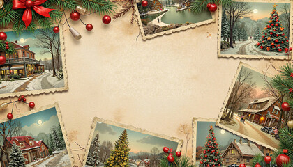 Vintage Christmas postcards layout with blank space and holiday decorations