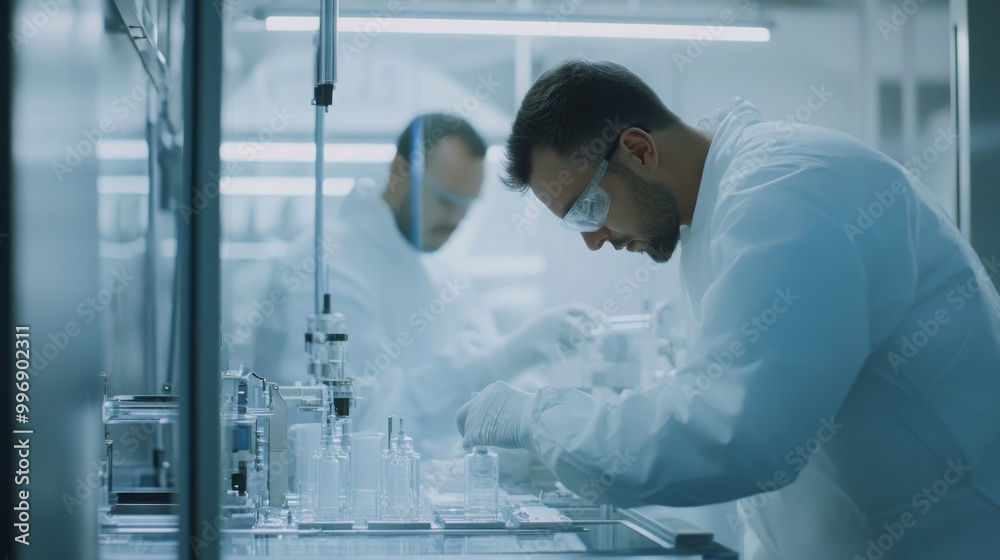 Fototapete A scientist in a white lab coat and protective goggles is bent over a table, working with small vials in a sterile laboratory setting
