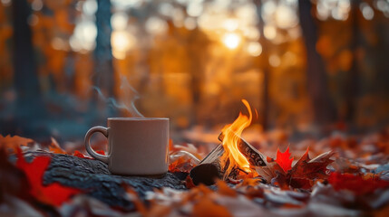 a coffee mug placed next to a campfire in an autumn forest