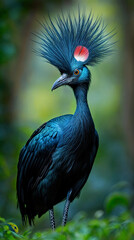 Exotic Black-feathered Bird with Striking Crown in Lush Green Forest