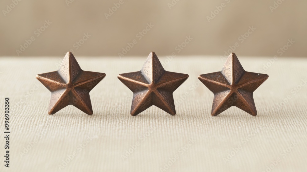 Fototapete three bronze-colored decorative stars are aligned in a row on a light-colored textured surface. the 