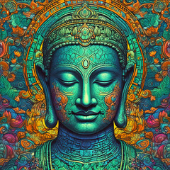 Fototapeta premium Buddha's head bright intricate mosaic floral pattern background psychedelic neon colors artwork