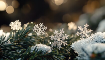 Snowflake closeup, winter nature photography, snow crystals, winter frost, pine needles and snowflakes, frozen beauty, macro snowflake photography.