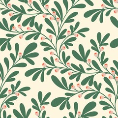 Green Berry Branch on Cream, seamless pattern