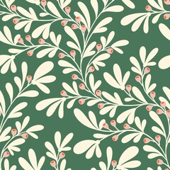 Cream Berry Branch on Green, seamless pattern