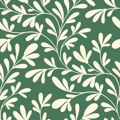 Cream Trailing Branches on Green, seamless pattern