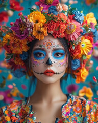 Asian woman adorned with Día de los Muertos (Day of the Dead) makeup and a flower crown. 