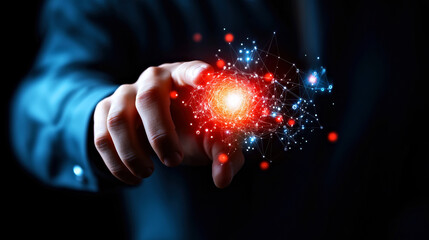 Innovative Technology Concept: Hand Interacting with Digital Network and Energy Source