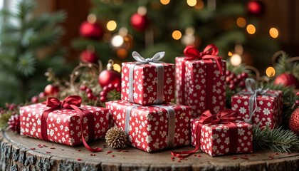 Christmas presents under the tree with festive decor.