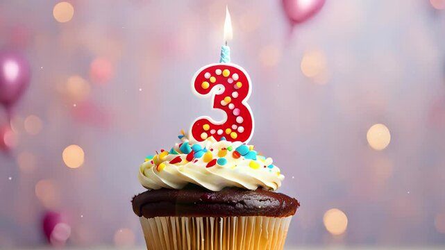 Birthday cupcake with lit birthday candle. Number three for three years or third anniversary.