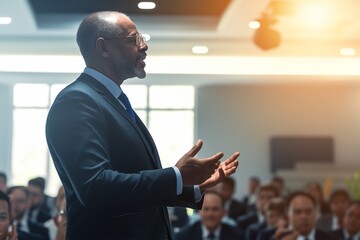 Fototapeta premium businessman gives a speech to an audience in a conference room