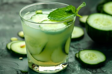A glass of fresh cucumber juice with a pale green color, cucumber slices floating inside, and a mint leaf for garnish.