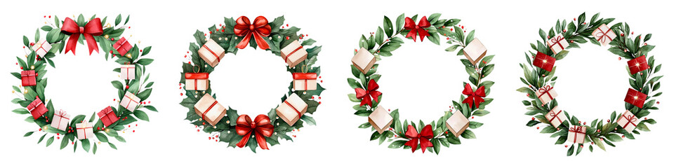 Fototapeta premium Four festive wreaths adorned with red bows, green foliage, and gift boxes, perfect for holiday decor.