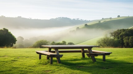 Obraz premium A wooden picnic table sits in a lush green field with rolling hills in the background, covered in a light morning mist, evoking a sense of tranquility and serenity.
