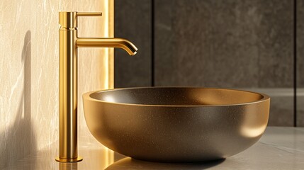 A luxurious bathroom sink featuring a sleek gold faucet paired with a matte gold basin, set against a stone wall