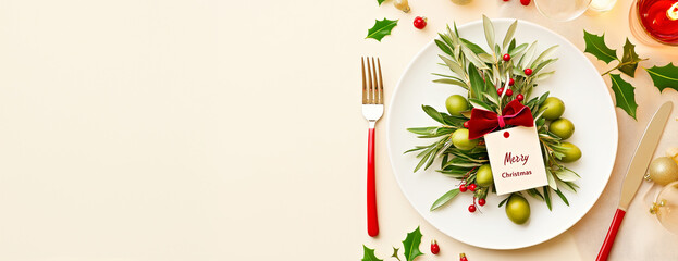 Elegant Christmas Table Setting with Festive Olive Branches, Red Berries, and Holiday Decor, top view, banner