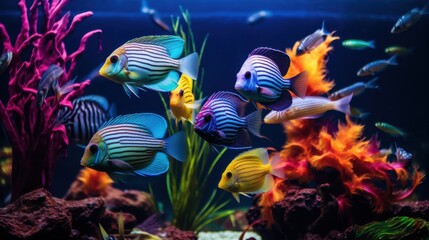Naklejka premium Vividly colored tropical fish swim gracefully in a well-maintained aquarium, creating a mesmerizing underwater scene full of vibrant life.