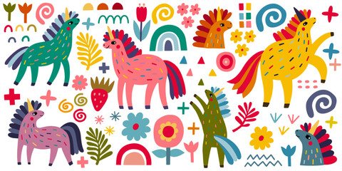 Set of cute unicorns flat vector illustration