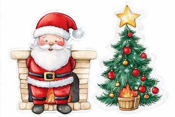 Fototapeta premium sticker style watercolor cute Santa Claus and Christmas tree and fireplace 