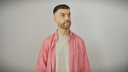 Obraz premium Handsome young hispanic man with beard in casual pink shirt against a white background looks contemplative